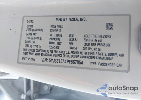 2023 Tesla Model 3 Rear-Wheel Drive z USA, uszkodzony, nr VIN 5YJ3E1EA4PF567054